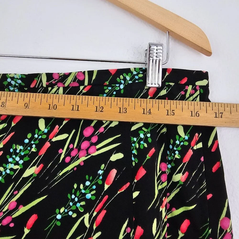 American Vintage Floral Garden Midi Skirt Sz 12 Black Pink Trim Casual Work Boho